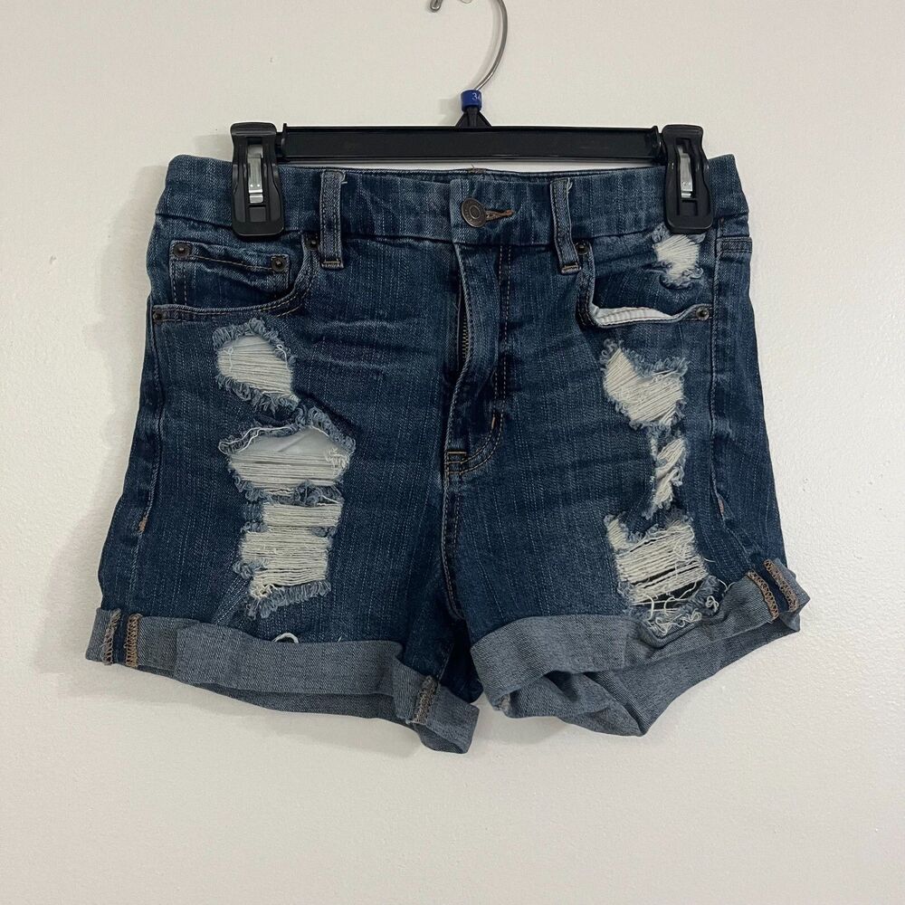 Aeropostale High Rise Curvy Midi Distressed Denim Shorts Women's Size 0 Blue